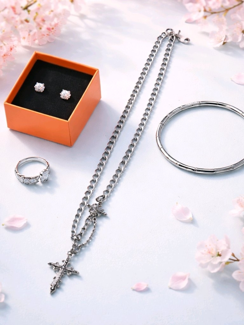 Silver 925 2 CT Diamond Earring,White Gold Filled Ring,Bangle& Necklace Pendant